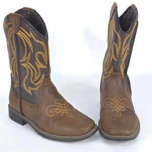 Rodeo Ropers Cowboy Boots Youth 1M Brown Western Square Toe‎ Embroidered Cowgirl